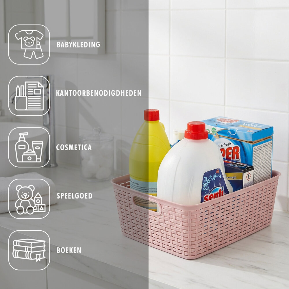 Discountershop Opbergmand 12L Kunststof Roze – Stapelbare Opbergbox met Riet Look voor Keuken, Kinderkamer en Kast – Organizer voor Speelgoed, Voorraad en Kleding