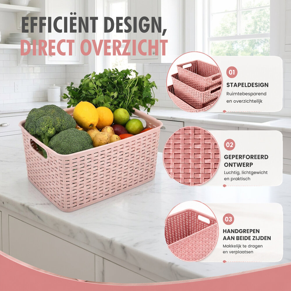Discountershop Opbergmand 10L Kunststof Roze – Mandjes Riet Look Opbergbox & Opbergdoos – Keukenkast en Kledingkast Organizer – Stapelbare Kast Organizer