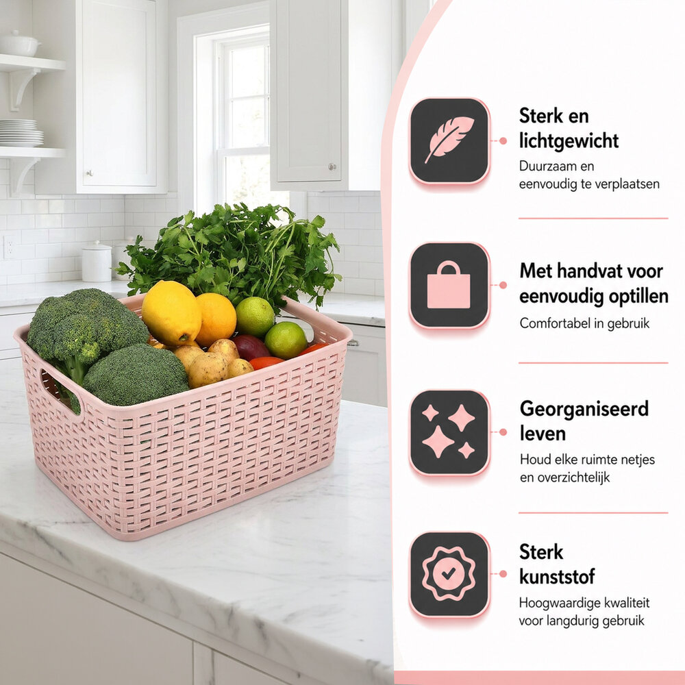 Discountershop Opbergmand 10L Kunststof Roze – Mandjes Riet Look Opbergbox & Opbergdoos – Keukenkast en Kledingkast Organizer – Stapelbare Kast Organizer