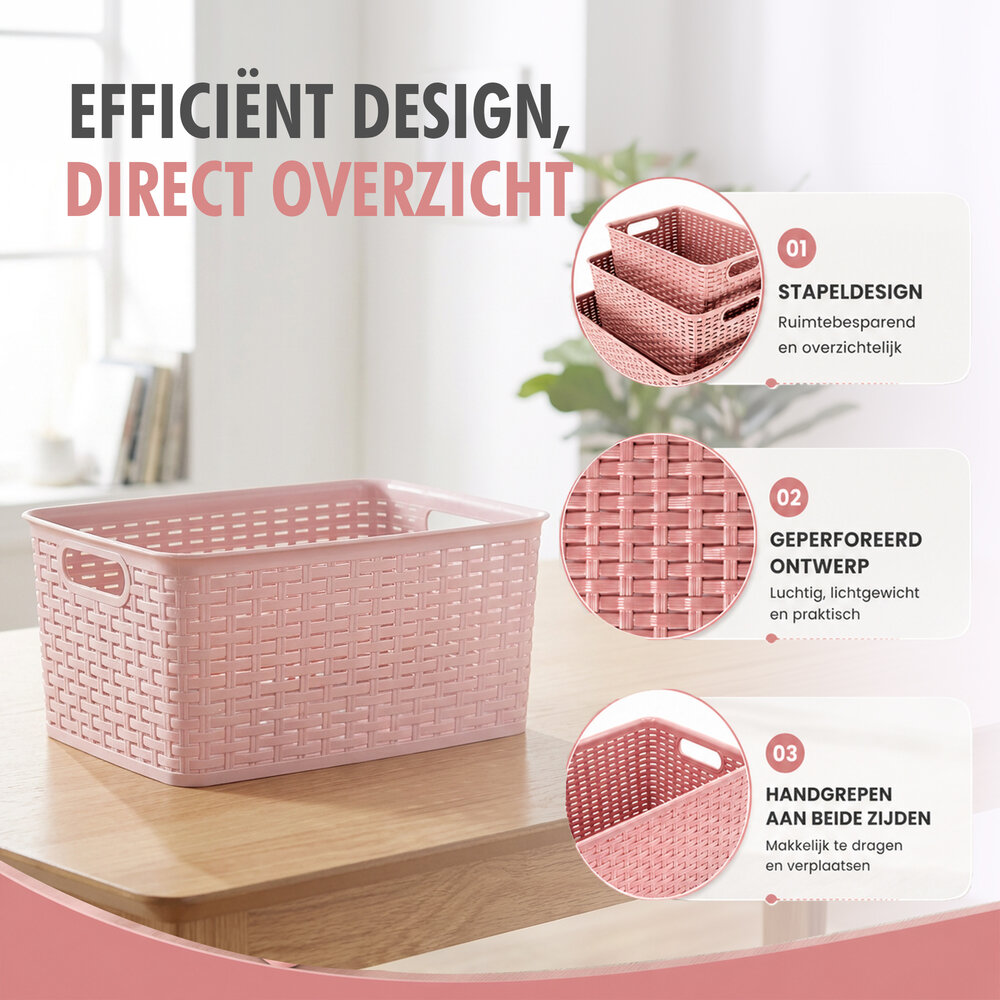 Discountershop Opbergmand 6L Kunststof – Mandjes Riet Look Multifunctionele Opbergdoos – Kast Organizer en Keukenkast Organizer – Opbergsystemen voor Opslag