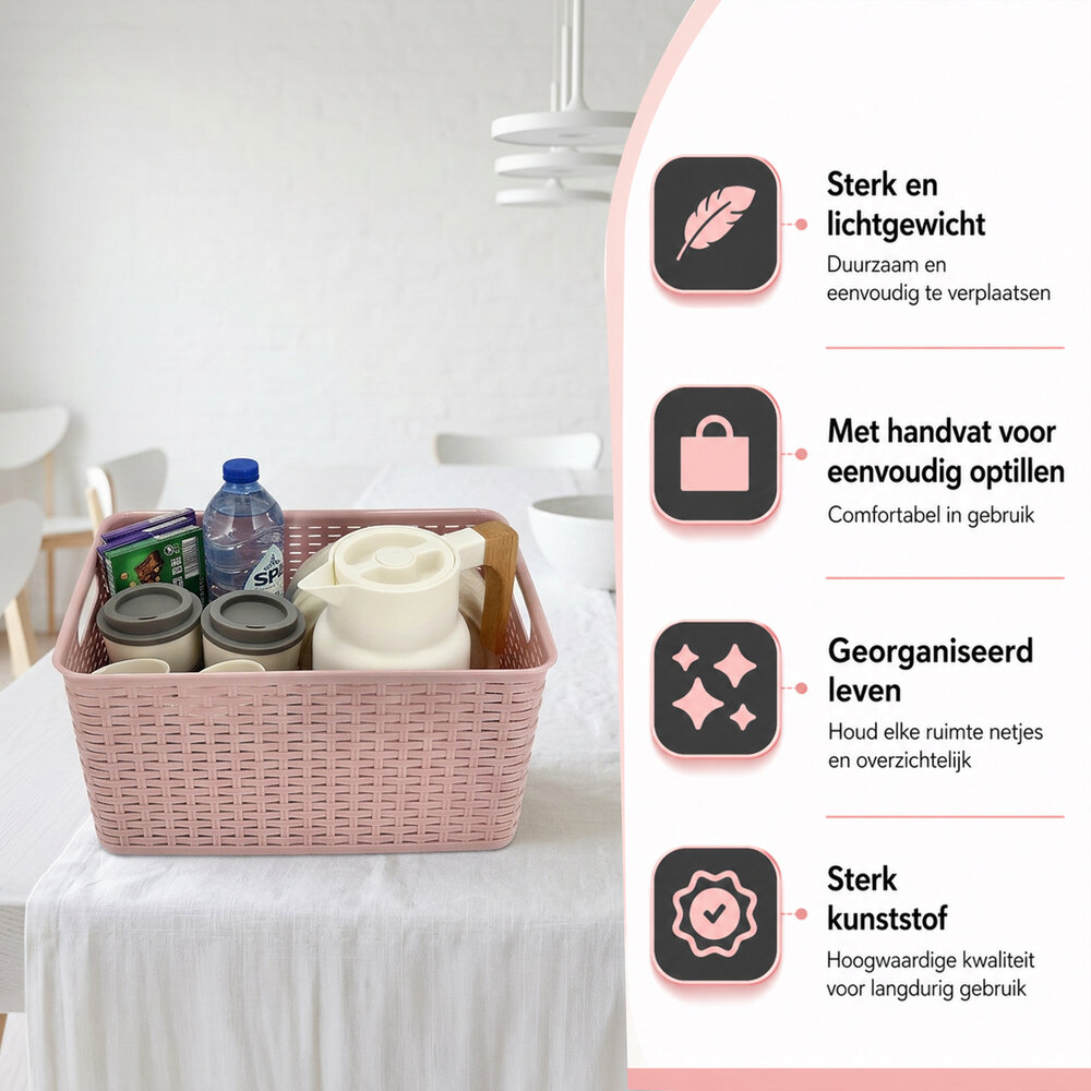 Discountershop Opbergmand 18L Kunststof Roze – Opbergbox Rattan – Opbergdoos Woonkamer, Kinderkamer en Badkamer – Multifuntioneel  Kast Organizer