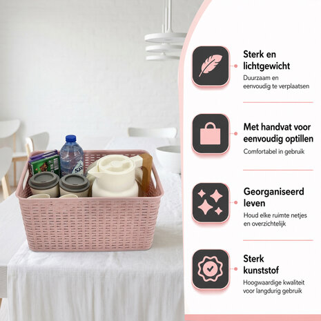 Discountershop Opbergmand 18L Kunststof Roze – Opbergbox Rattan – Opbergdoos Woonkamer, Kinderkamer en Badkamer – Multifuntioneel  Kast Organizer