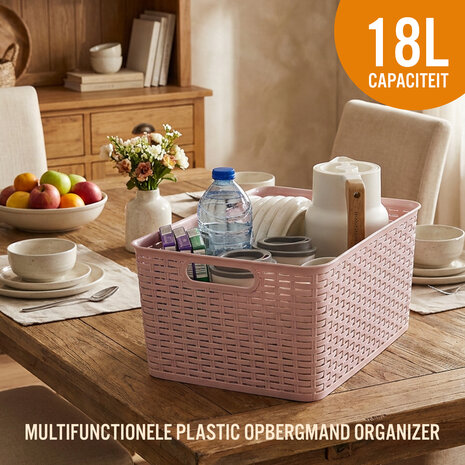 Discountershop Opbergmand 18L Kunststof Roze – Opbergbox Rattan – Opbergdoos Woonkamer, Kinderkamer en Badkamer – Multifuntioneel  Kast Organizer