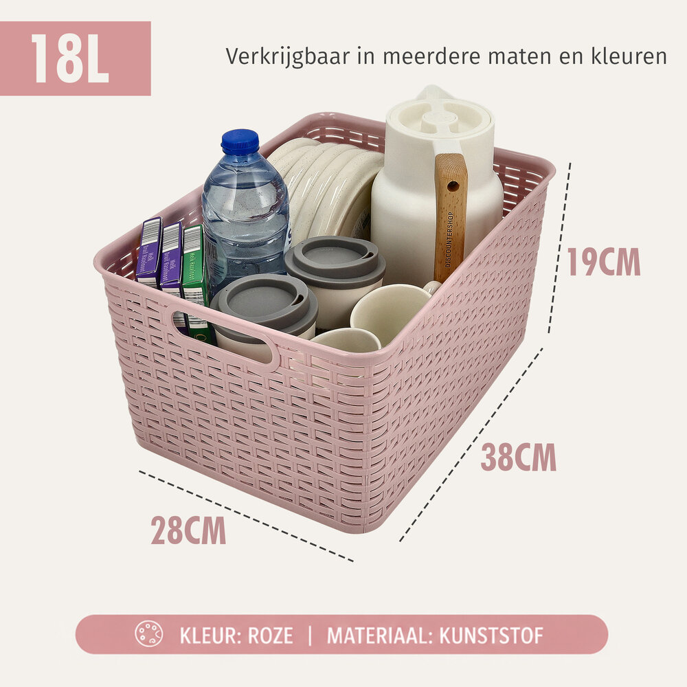 Discountershop Opbergmand 18L Kunststof Roze – Opbergbox Rattan – Opbergdoos Woonkamer, Kinderkamer en Badkamer – Multifuntioneel  Kast Organizer