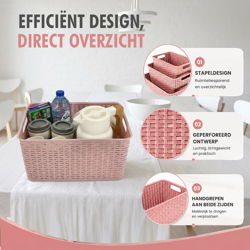 Discountershop Pink Plastic Storage Basket 18L – Rattan Storage Box – Storage Box for Living Room, Kids Room and Bathroom – Multifunctional Cabinet Organizer