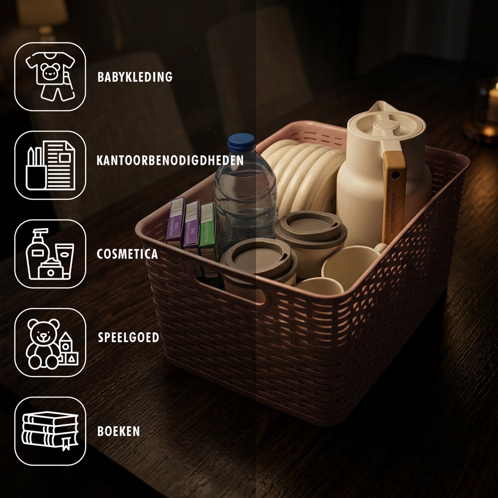Discountershop Opbergmand 18L Kunststof Roze – Opbergbox Rattan – Opbergdoos Woonkamer, Kinderkamer en Badkamer – Multifuntioneel  Kast Organizer