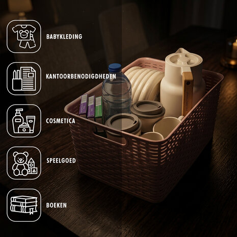 Discountershop Opbergmand 18L Kunststof Roze – Opbergbox Rattan – Opbergdoos Woonkamer, Kinderkamer en Badkamer – Multifuntioneel  Kast Organizer