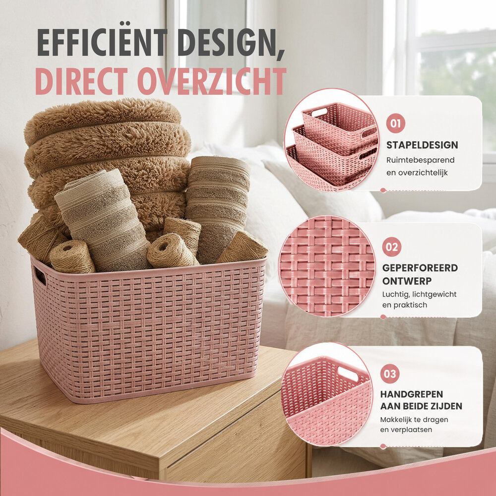 Discountershop Opbergmand 28.5L Kunststof Roze – Riet Look Mandjes – Opbergbox & Opbergdoos – Opbergmand Kinderkamer Speelgoed – Keukenkast Organizer & Kledingkast Organizer – Stapelbare Kast Organizer