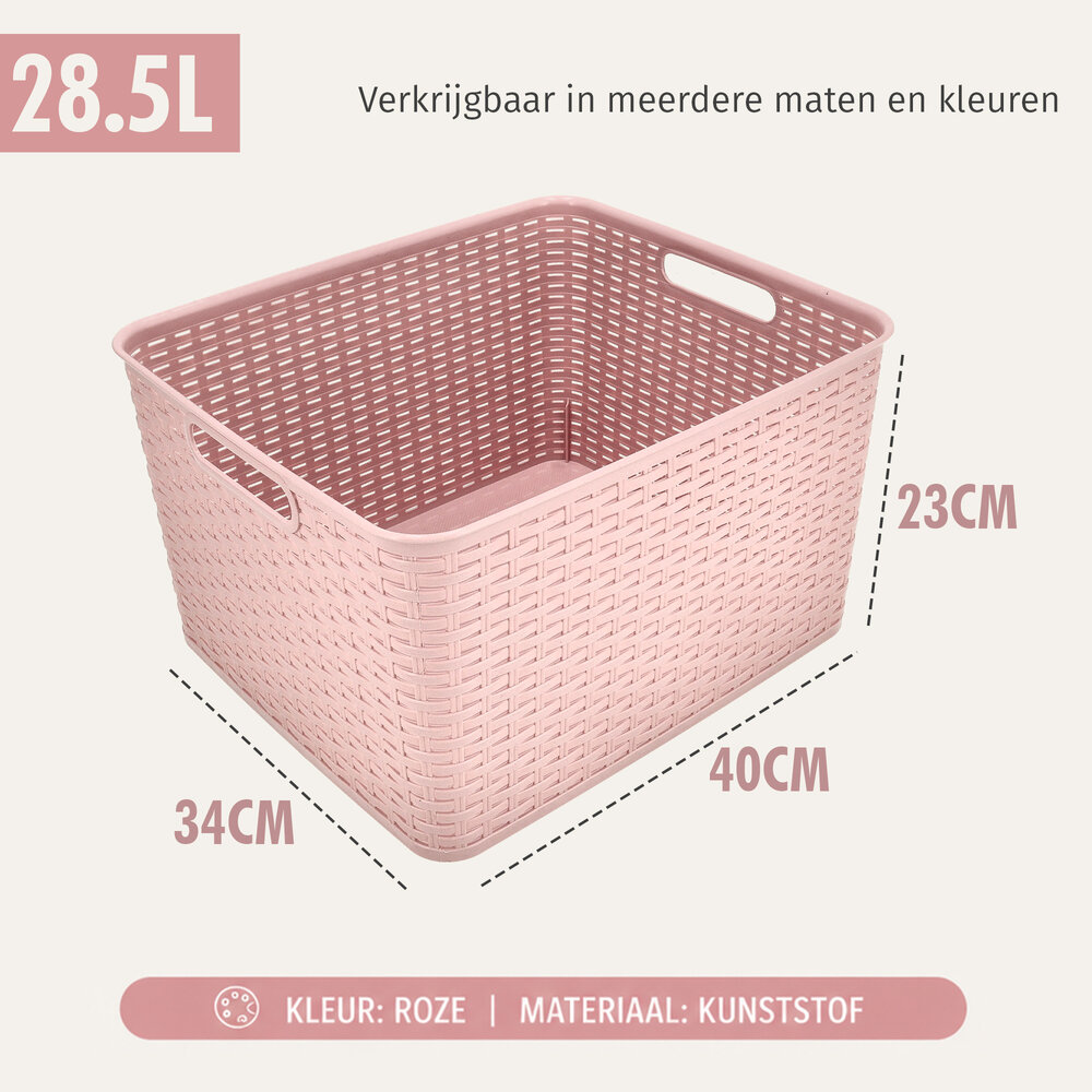Discountershop Storage Basket 28.5L Plastic Pink – Rattan Look Wicker Style – Storage Box & Storage Bin – Kids Room Toy Storage Basket – Kitchen Cabinet Organizer & Closet Organizer – Stackable Storage Basket