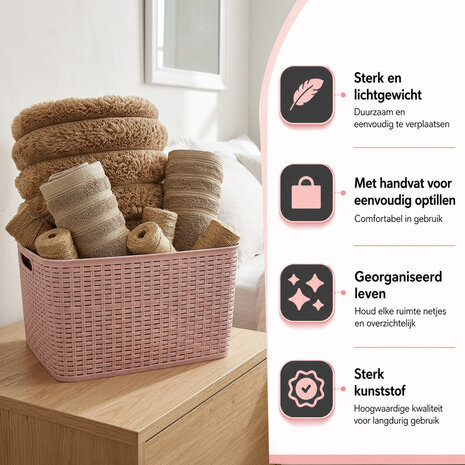 Discountershop Storage Basket 28.5L Plastic Pink – Rattan Look Wicker Style – Storage Box & Storage Bin – Kids Room Toy Storage Basket – Kitchen Cabinet Organizer & Closet Organizer – Stackable Storage Basket