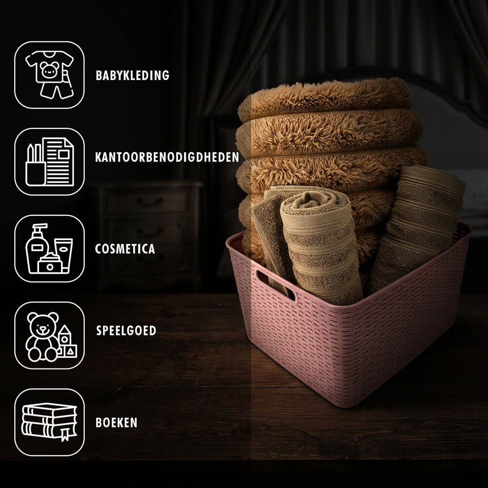 Discountershop Opbergmand 28.5L Kunststof Roze – Riet Look Mandjes – Opbergbox & Opbergdoos – Opbergmand Kinderkamer Speelgoed – Keukenkast Organizer & Kledingkast Organizer – Stapelbare Kast Organizer