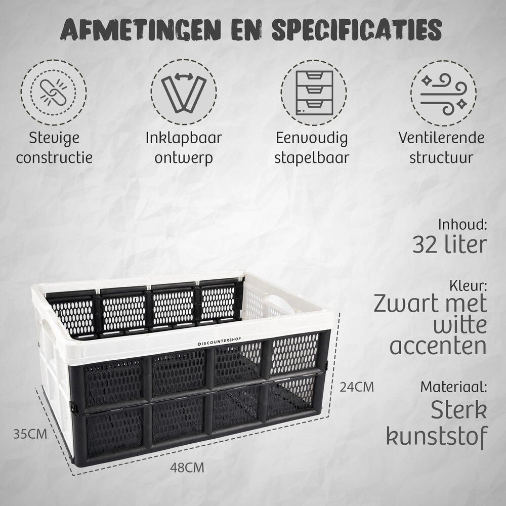 Discountershop Opvouwbaar Vouwkrat 32 Liter - Inklapbare Boodschappenkrat met Handgrepen - Multifunctionele Opbergbox voor Thuis, Onderweg, Kamperen en Klussen
