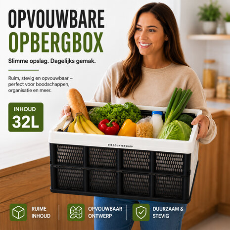 Discountershop Opvouwbaar Vouwkrat 32 Liter - Inklapbare Boodschappenkrat met Handgrepen - Multifunctionele Opbergbox voor Thuis, Onderweg, Kamperen en Klussen