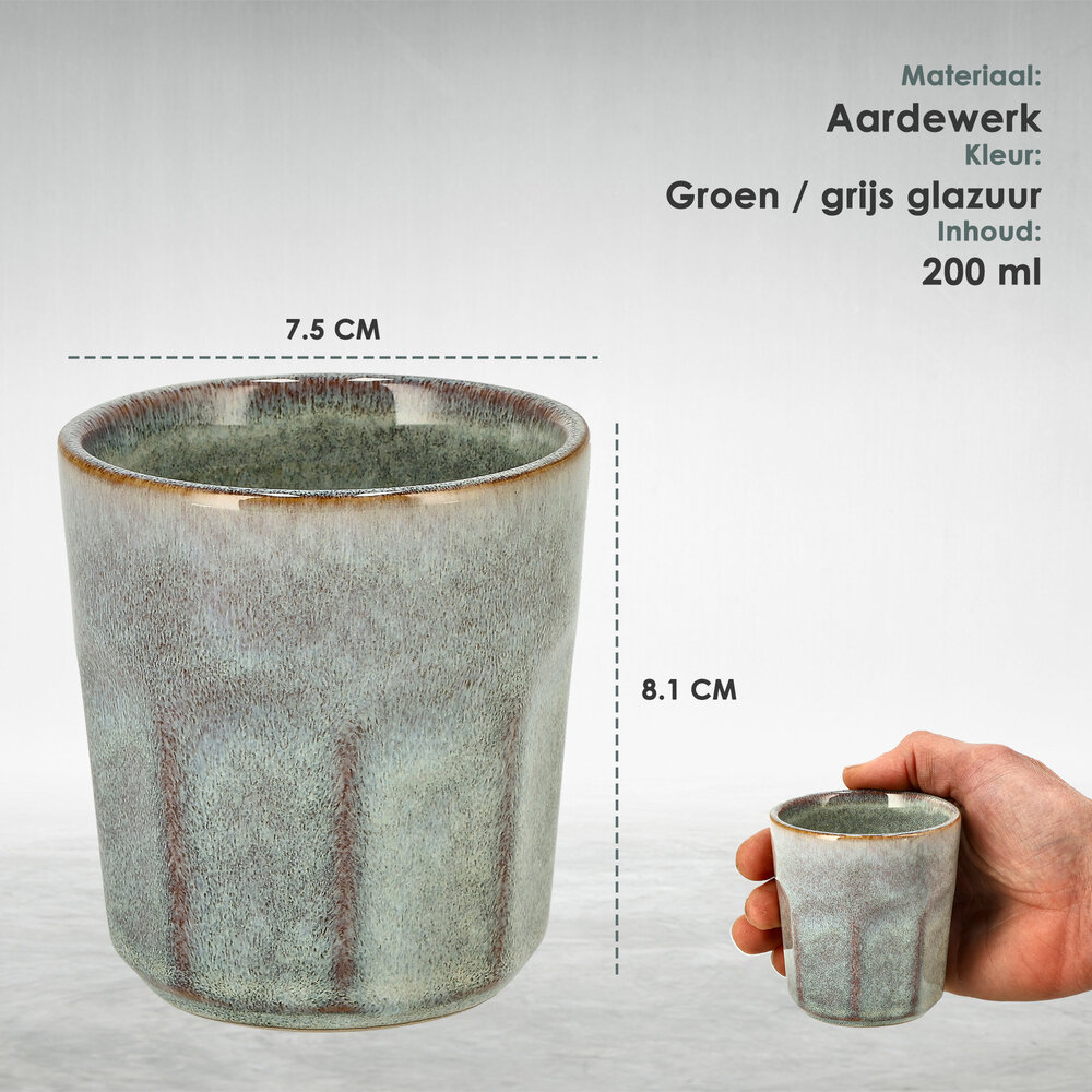 Discountershop Earthenware Coffee Mug 200 ml – Ceramic Cup Without Handle for Coffee, Tea, Cappuccino and Lungo – Green/Grey