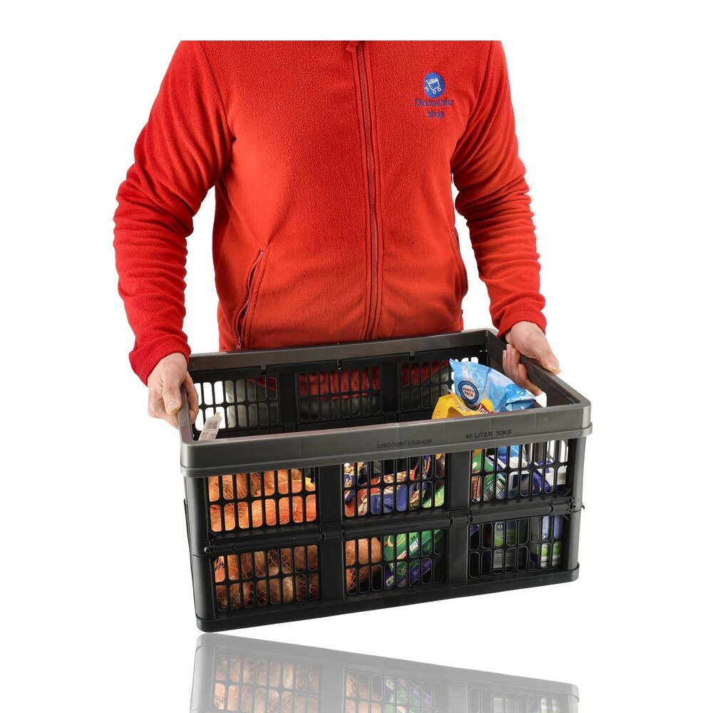 Discountershop Vouwkrat 45 Liter Zwart – Opvouwbare Boodschappenkrat 30 kg – Inklapbare Stapelbare Krat 53 x 37 x 27 cm Discountershop Vouwkrat 45 Liter Zwart – Opvouwbare Boodschappenkrat 30 kg – Inklapbare Stapelbare Krat 53 x 37 x 27 cm