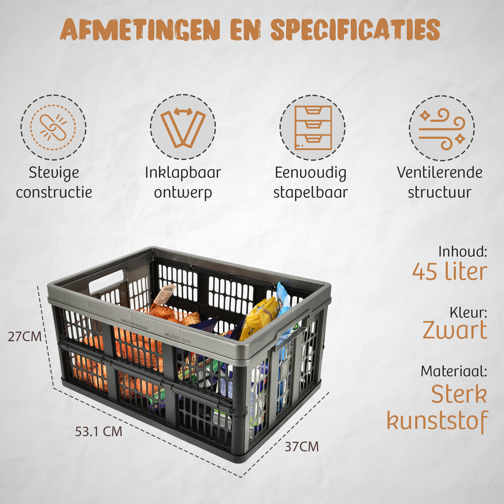 Discountershop Folding Crate 45 Liter Black – Collapsible Shopping Crate 30 kg – Foldable Stackable Storage Box 53 x 37 x 27 cm Discountershop Folding Crate 45 Liter Black – Collapsible Shopping Crate 30 kg – Foldable Stackable Storage Box 53 x 37 x 27 cm