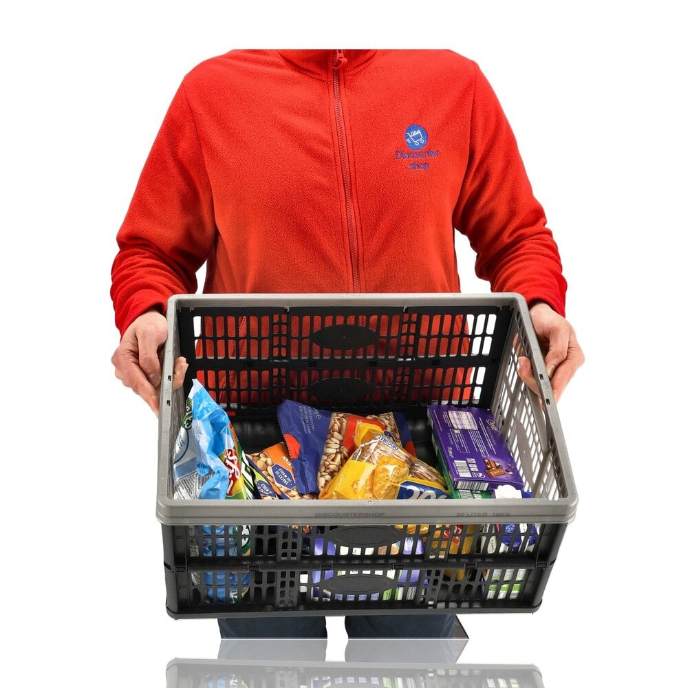 Discountershop Folding Crate 32 Liter – Load Capacity up to 18 kg – Foldable Crates – Collapsible Shopping Crate – Stackable – 48 x 35 x 23 cm – Black Discountershop Folding Crate 32 Liter – Load Capacity up to 18 kg – Foldable Crates – Collapsible Shopping Crate – Stackable – 48 x 35 x 23 cm – Black