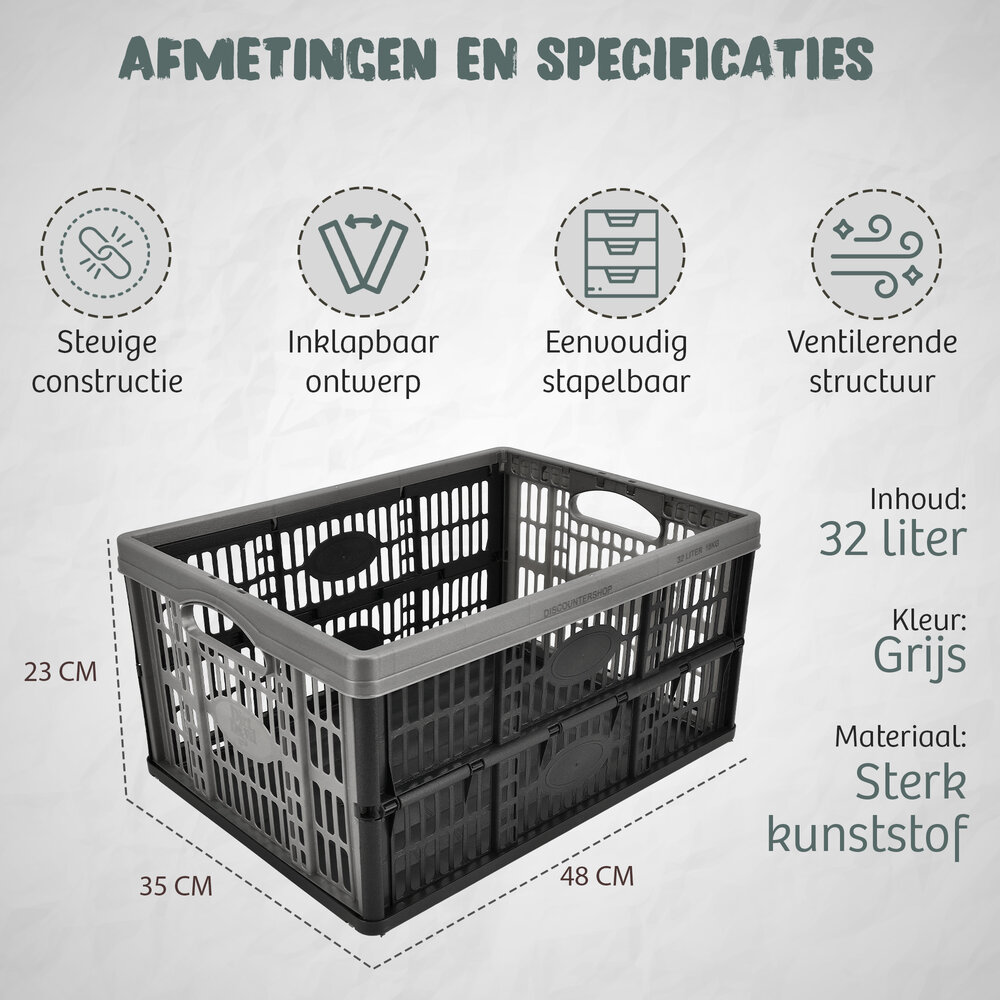 Discountershop Vouwkrat 32 Liter – Belastbaar tot 18 KG – Opvouwbare Kratten – Inklapbare Boodschappenkrat – Stapelbaar – 48x35x23 cm – Zwart Discountershop Vouwkrat 32 Liter – Belastbaar tot 18 KG – Opvouwbare Kratten – Inklapbare Boodschappenkrat – Stapelbaar – 48x35x23 cm – Zwart