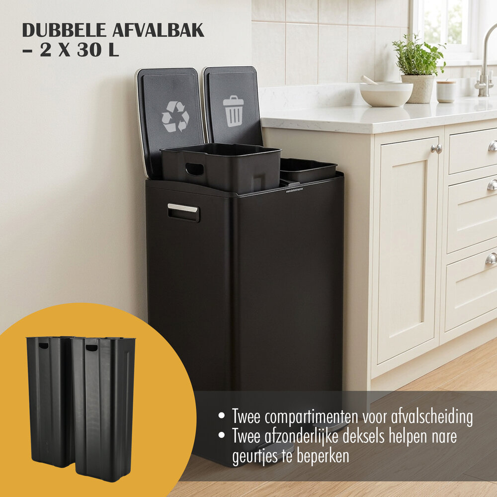 Discountershop 60-Litre Pedal Bin – 2x30L Waste Separation Bin – Black Stainless Steel Bin – Soft-Close – Double Bin with Two Compartments Discountershop 60-Litre Pedal Bin – 2x30L Waste Separation Bin – Black Stainless Steel Bin – Soft-Close – Double Bin with Two Compartments