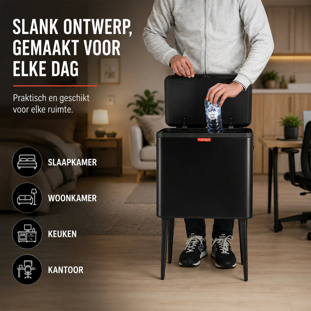 Discountershop Prullenbak 35 Liter Zwart met Push Deksel – Verhoogde Afvalbak op Poten voor Keuken en Huishouden