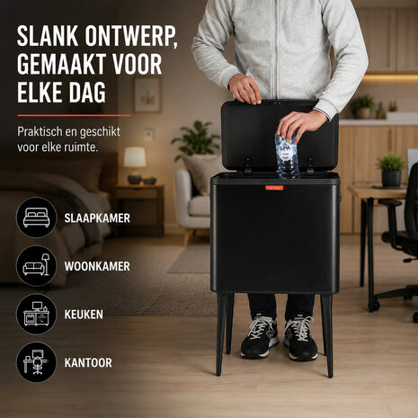 Discountershop Prullenbak 35 Liter Zwart met Push Deksel – Verhoogde Afvalbak op Poten voor Keuken en Huishouden