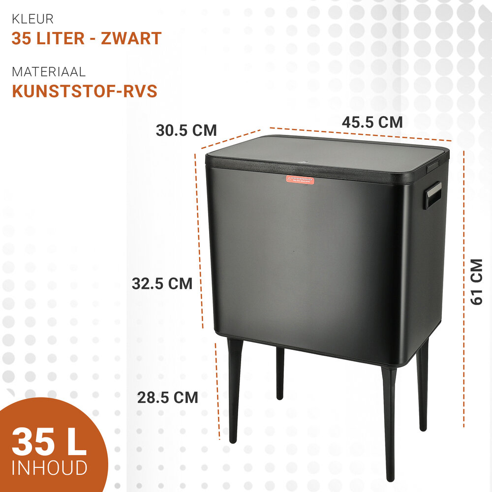 Discountershop Prullenbak 35 Liter Zwart met Push Deksel – Verhoogde Afvalbak op Poten voor Keuken en Huishouden