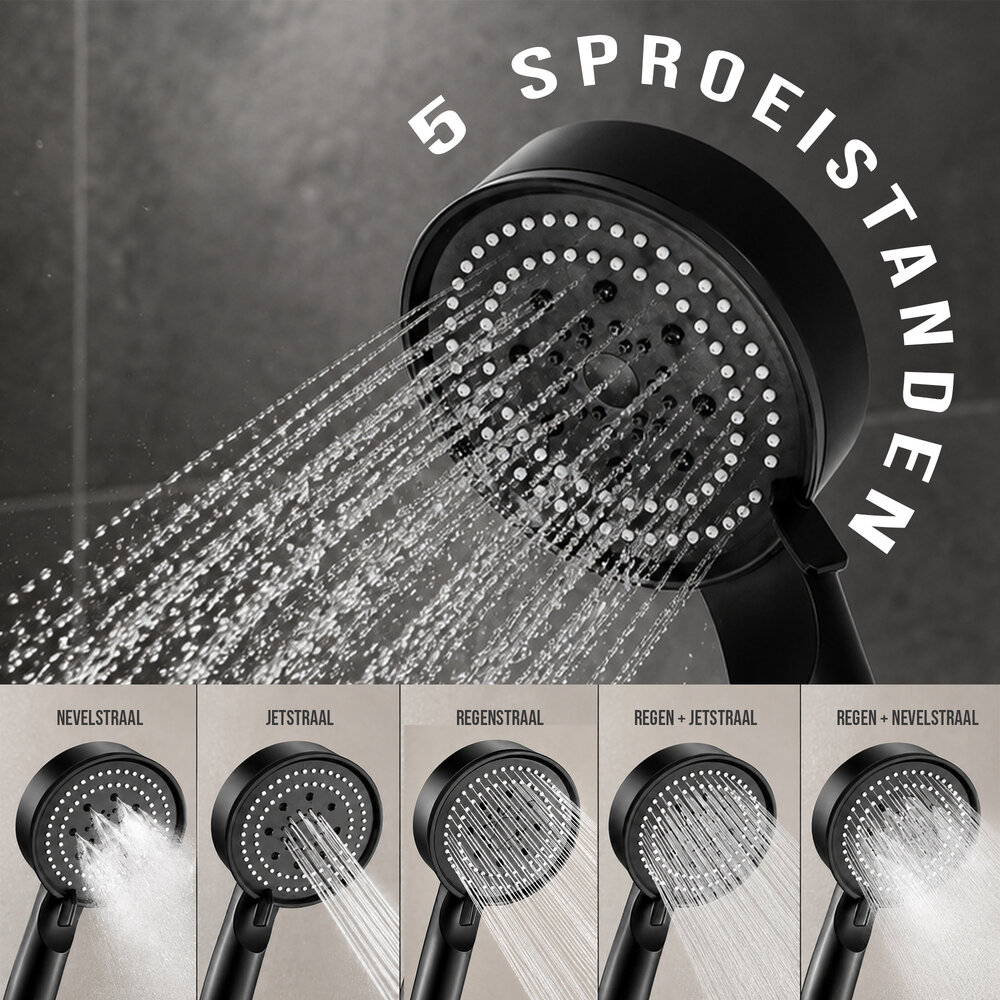 Discountershop Douchekop Zwart met Doucheslang – Handdouche 5 Straalstanden – Anti-Kalk – 150 cm Slang – Universele G1/2 Aansluiting Discountershop Douchekop Zwart met Doucheslang – Handdouche 5 Straalstanden – Anti-Kalk – 150 cm Slang – Universele G1/2 Aansluiting