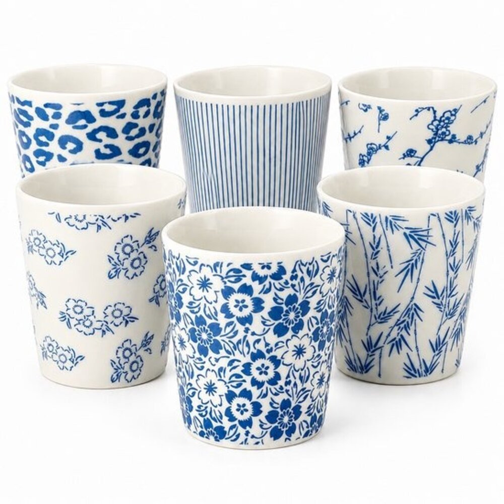 Discountershop Koffiebeker Keramiek Zonder Oor Set van 6 - 200 ml Blauw-Witte Stapelbare Kopjes voor Koffie, Cappuccino, Lungo en Thee