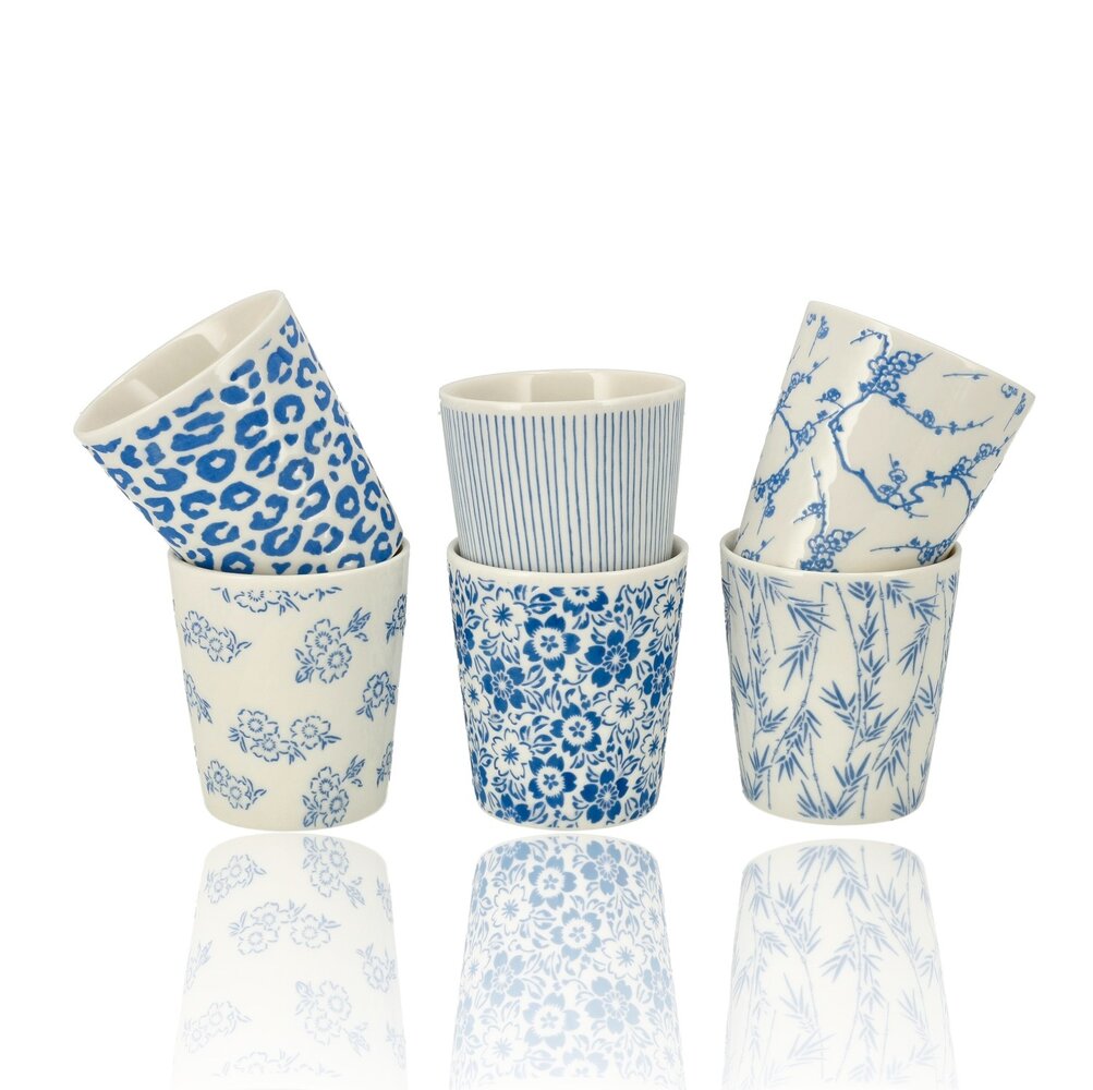 Discountershop Ceramic Coffee Cup Without Handle Set of 6 - 200 ml Blue White Stackable Coffee Cups for Cappuccino, Lungo and Tea
