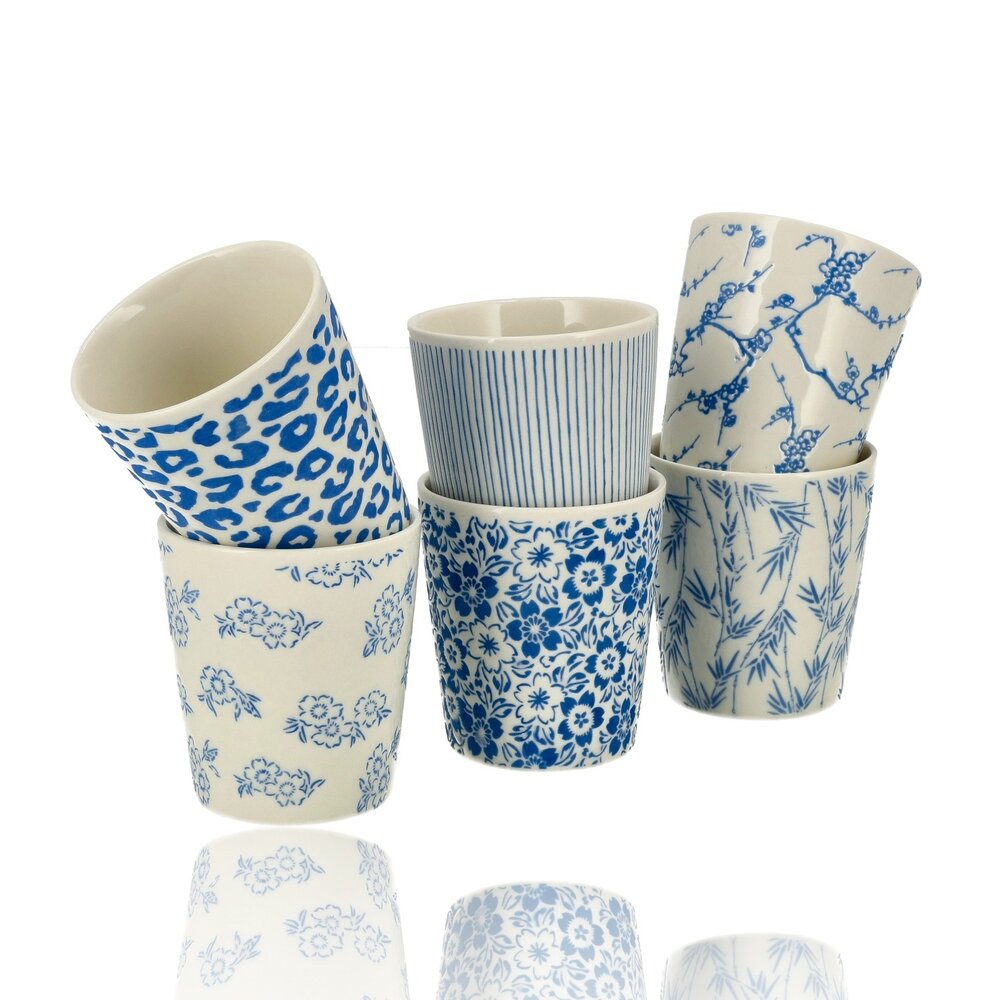 Discountershop Ceramic Coffee Cup Without Handle Set of 6 - 200 ml Blue White Stackable Coffee Cups for Cappuccino, Lungo and Tea