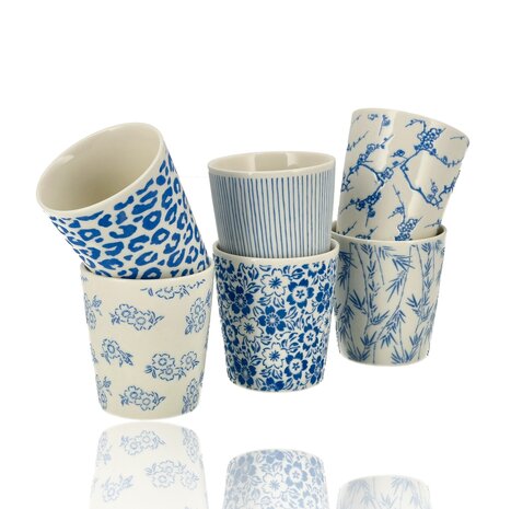 Discountershop Ceramic Coffee Cup Without Handle Set of 6 - 200 ml Blue White Stackable Coffee Cups for Cappuccino, Lungo and Tea