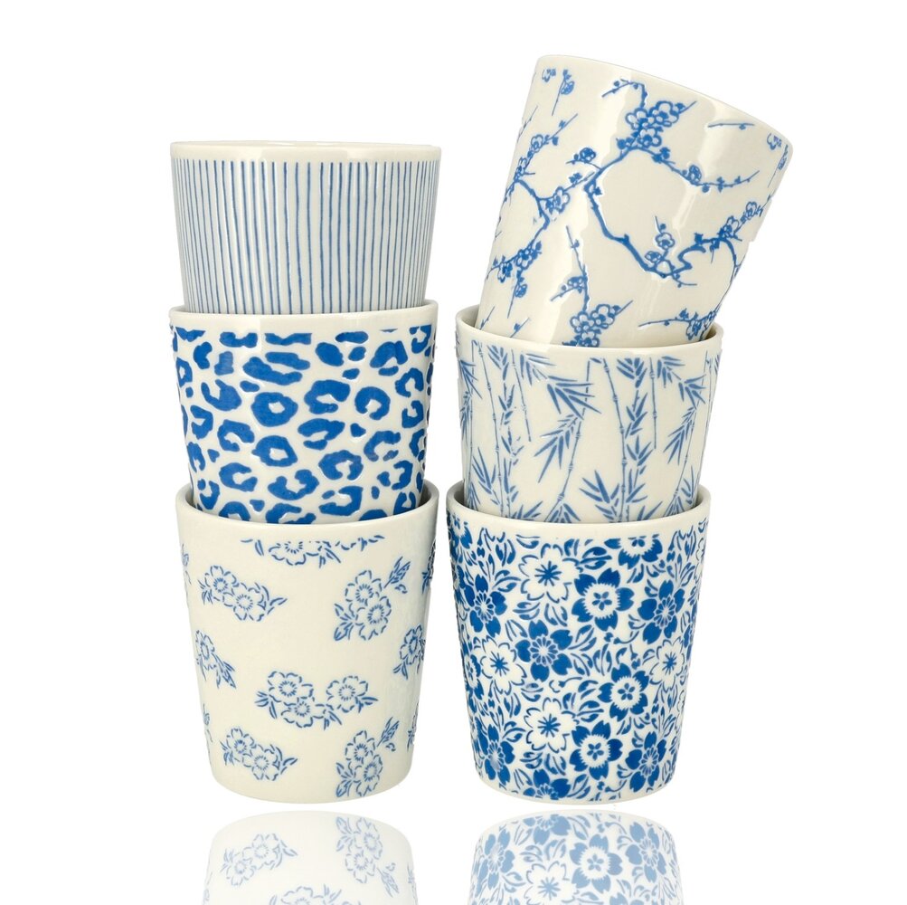 Discountershop Koffiebeker Keramiek Zonder Oor Set van 6 - 200 ml Blauw-Witte Stapelbare Kopjes voor Koffie, Cappuccino, Lungo en Thee