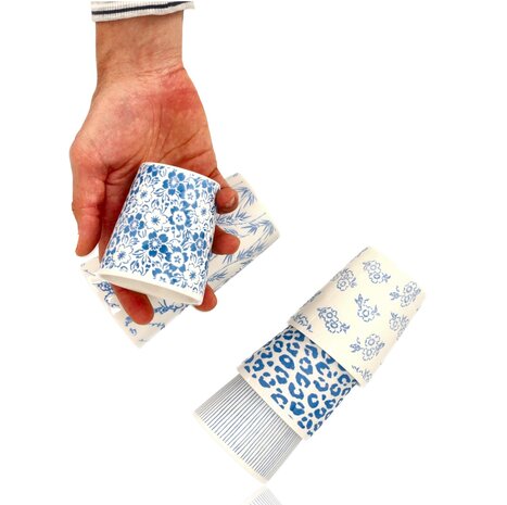 Discountershop Koffiebeker Keramiek Zonder Oor Set van 6 - 200 ml Blauw-Witte Stapelbare Kopjes voor Koffie, Cappuccino, Lungo en Thee