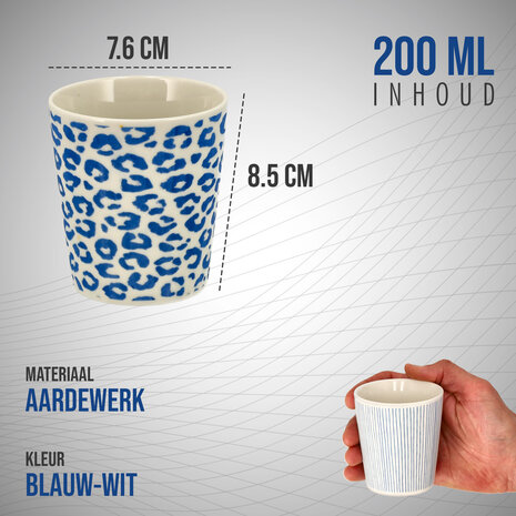Discountershop Ceramic Coffee Cup Without Handle Set of 6 - 200 ml Blue White Stackable Coffee Cups for Cappuccino, Lungo and Tea