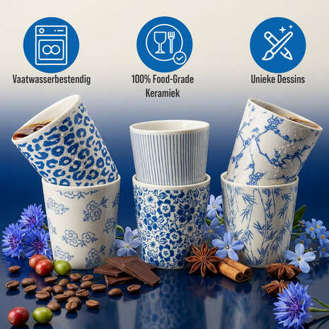 Discountershop Koffiebeker Keramiek Zonder Oor Set van 6 - 200 ml Blauw-Witte Stapelbare Kopjes voor Koffie, Cappuccino, Lungo en Thee