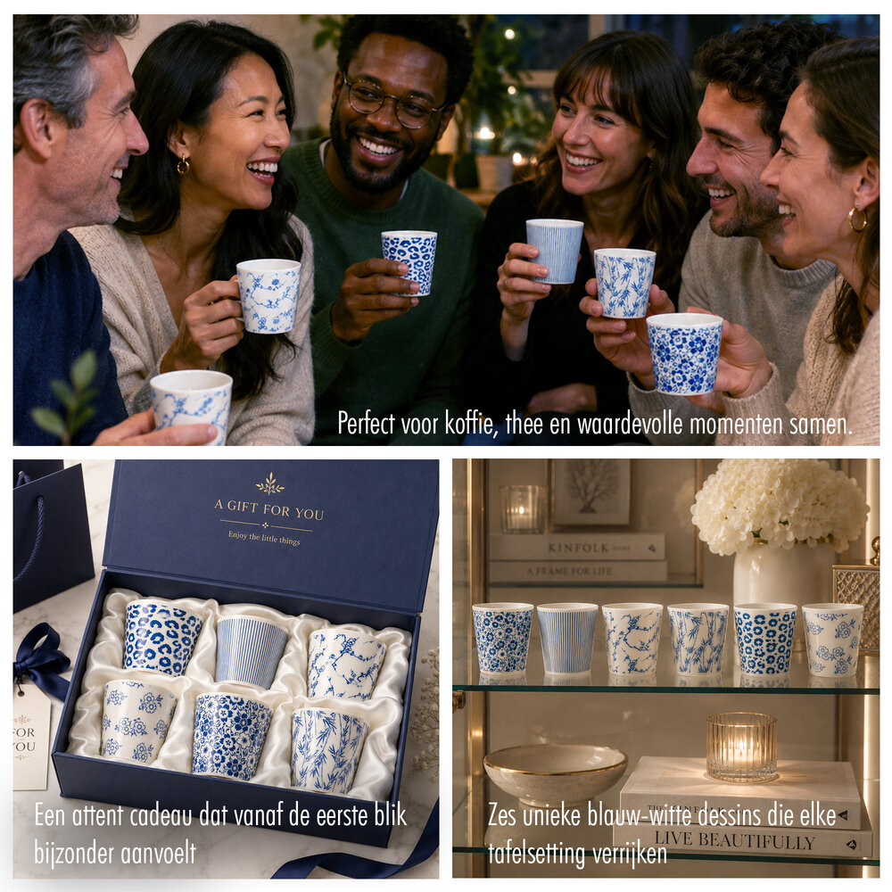 Discountershop Koffiebeker Keramiek Zonder Oor Set van 6 - 200 ml Blauw-Witte Stapelbare Kopjes voor Koffie, Cappuccino, Lungo en Thee