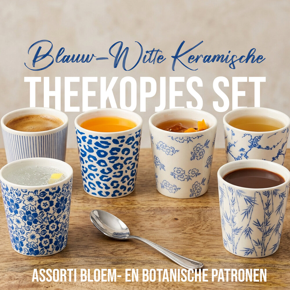 Discountershop Koffiebeker Keramiek Zonder Oor Set van 6 - 200 ml Blauw-Witte Stapelbare Kopjes voor Koffie, Cappuccino, Lungo en Thee