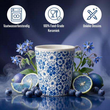 Discountershop Ceramic Coffee Cup Without Handle - 200 ml Blue White Ceramic Cups with Blossom Pattern for Coffee, Cappuccino, Lungo and Tea Discountershop Ceramic Coffee Cup Without Handle - 200 ml Blue White Ceramic Cups with Blossom Pattern for Coffee, Cappuccino, Lungo and Tea