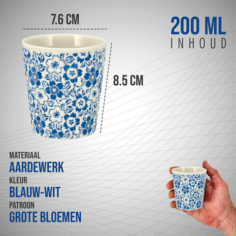 Discountershop Ceramic Coffee Cup Without Handle - 200 ml Blue White Ceramic Cups with Blossom Pattern for Coffee, Cappuccino, Lungo and Tea Discountershop Ceramic Coffee Cup Without Handle - 200 ml Blue White Ceramic Cups with Blossom Pattern for Coffee, Cappuccino, Lungo and Tea
