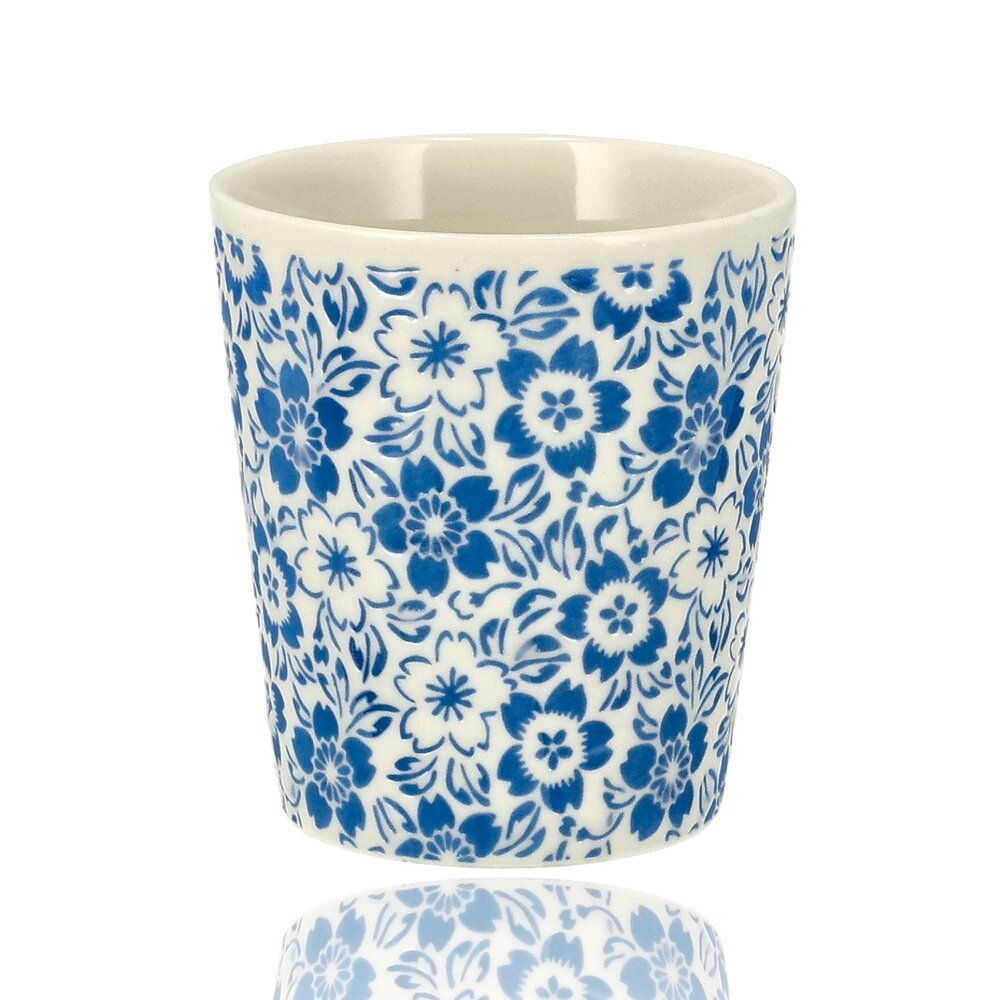 Discountershop Koffiebeker Keramiek Zonder Oor - 200 ml Blauw-Witte Keramische Kopjes met Bloesem voor Koffie, Cappuccino, Lungo en Thee Discountershop Koffiebeker Keramiek Zonder Oor - 200 ml Blauw-Witte Keramische Kopjes met Bloesem voor Koffie, Cappuccino, Lungo en Thee