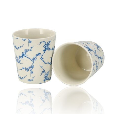 Discountershop Koffiebeker Keramiek Zonder Oor - 200 ml Aardewerk Kopje voor Espresso, Cappuccino, Lungo en Thee Kersenbloesem Blauw-Wit