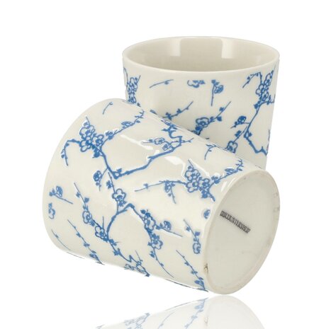 Discountershop Koffiebeker Keramiek Zonder Oor - 200 ml Aardewerk Kopje voor Espresso, Cappuccino, Lungo en Thee Kersenbloesem Blauw-Wit