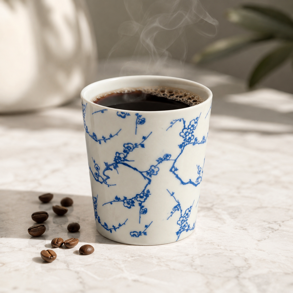 Discountershop Koffiebeker Keramiek Zonder Oor - 200 ml Aardewerk Kopje voor Espresso, Cappuccino, Lungo en Thee Kersenbloesem Blauw-Wit