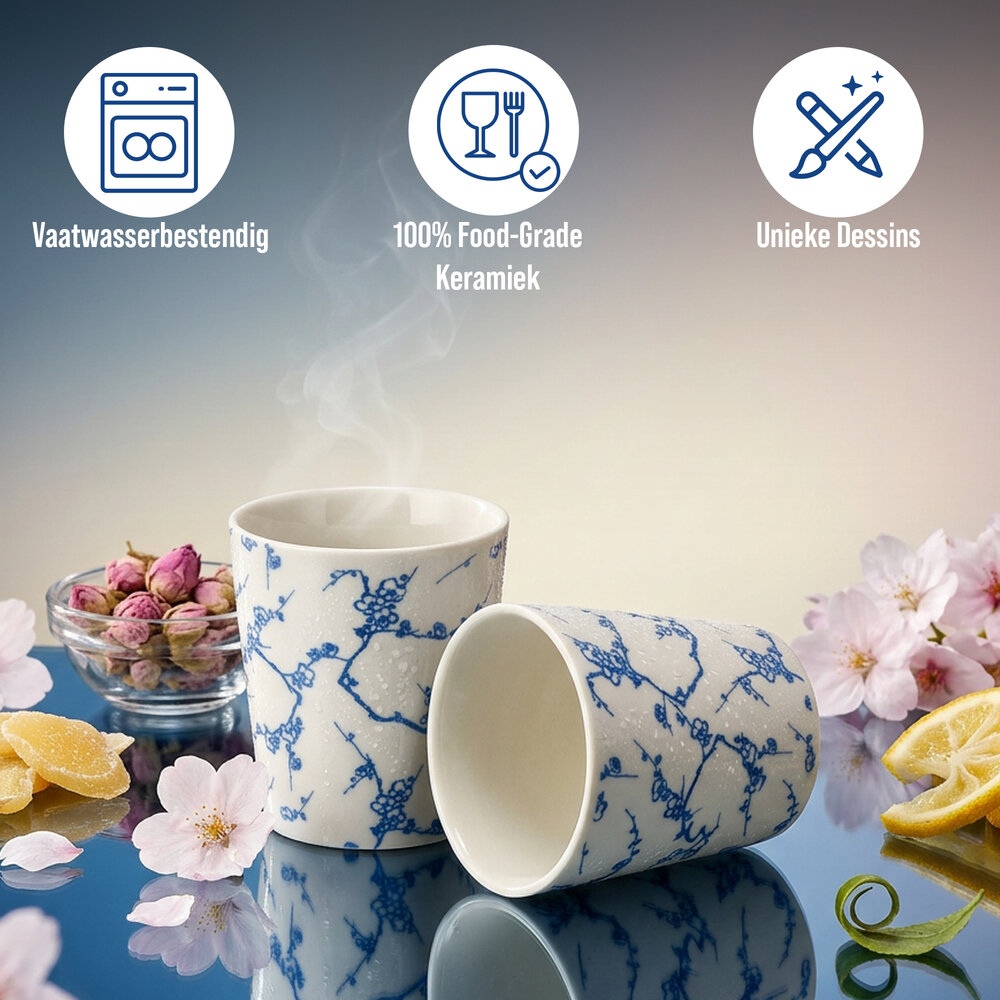 Discountershop Ceramic Coffee Cup Without Handle - 200 ml Earthenware Cup for Espresso, Cappuccino, Lungo and Tea Cherry Blossom Blue-White Discountershop Ceramic Coffee Cup Without Handle - 200 ml Earthenware Cup for Espresso, Cappuccino, Lungo and Tea Cherry Blossom Blue-White