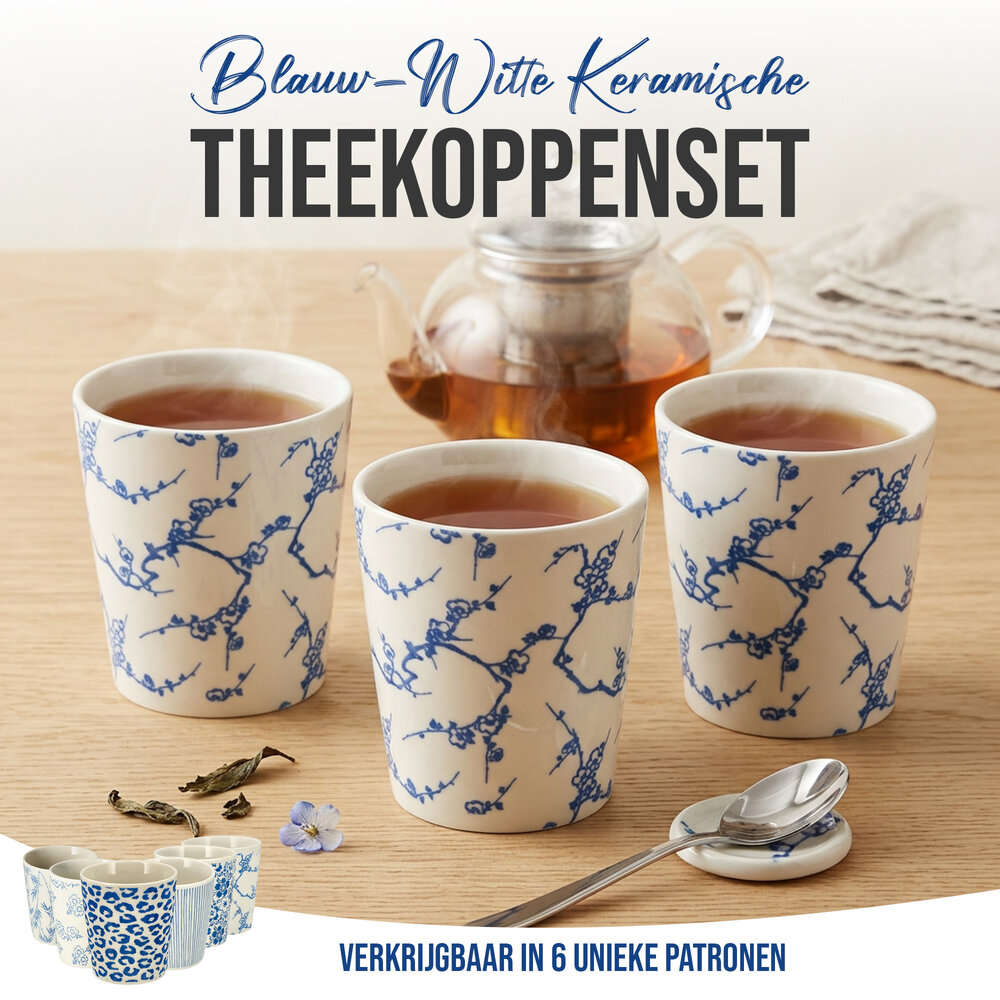 Discountershop Koffiebeker Keramiek Zonder Oor - 200 ml Aardewerk Kopje voor Espresso, Cappuccino, Lungo en Thee Kersenbloesem Blauw-Wit