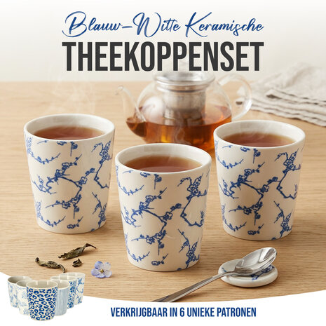 Discountershop Koffiebeker Keramiek Zonder Oor - 200 ml Aardewerk Kopje voor Espresso, Cappuccino, Lungo en Thee Kersenbloesem Blauw-Wit