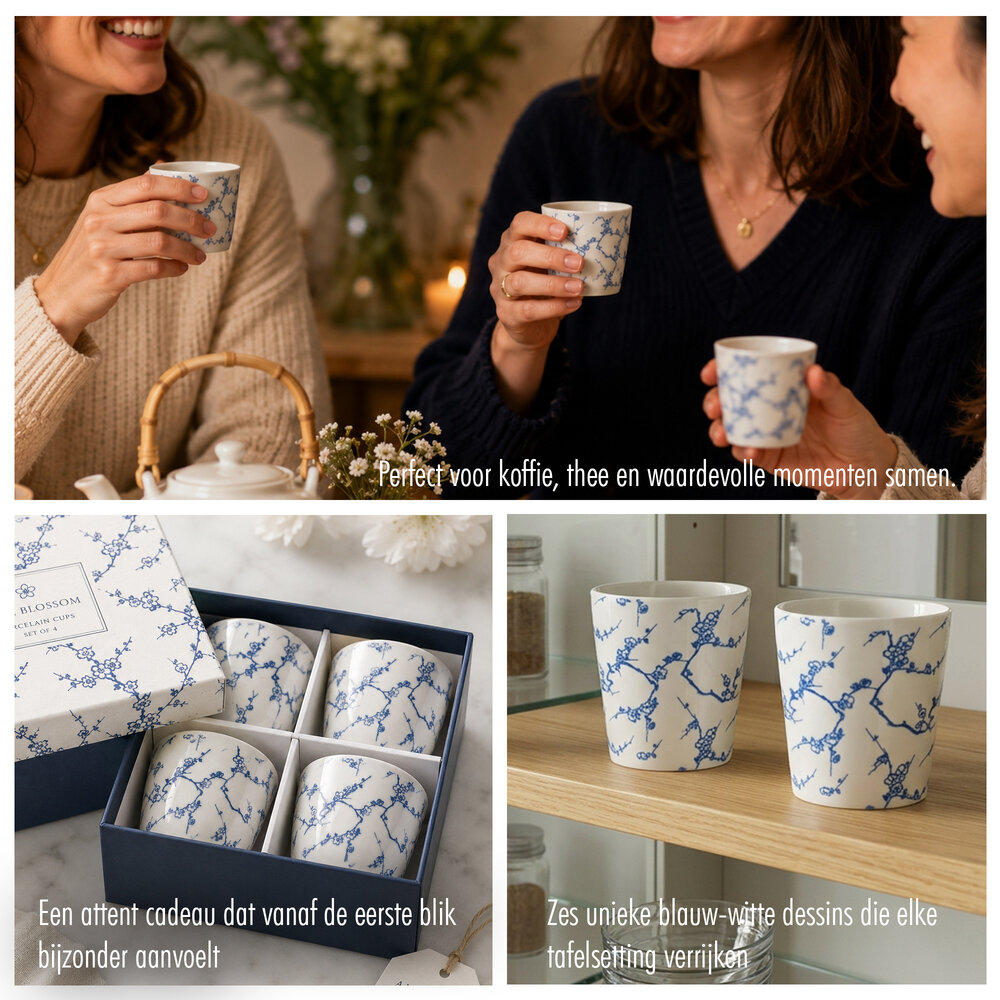 Discountershop Koffiebeker Keramiek Zonder Oor - 200 ml Aardewerk Kopje voor Espresso, Cappuccino, Lungo en Thee Kersenbloesem Blauw-Wit
