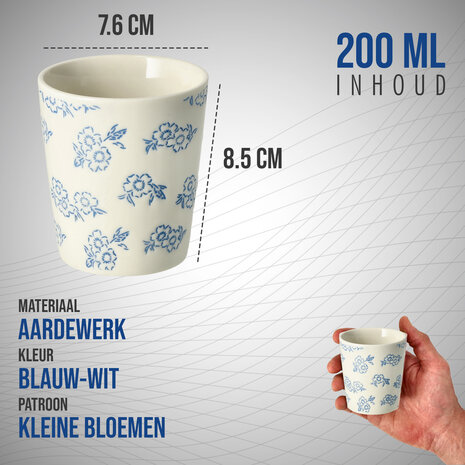 Discountershop Koffiekopjes Zonder Oor - 200 ml Keramische Bekers voor Espresso, Cappuccino, Lungo en Thee Kleine Bloemen Blauw-Wit Discountershop Koffiekopjes Zonder Oor - 200 ml Keramische Bekers voor Espresso, Cappuccino, Lungo en Thee Kleine Bloemen Blauw-Wit