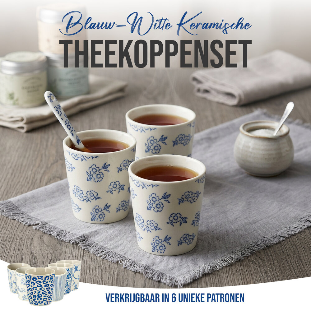 Discountershop Coffee Cups Without Handle - 200 ml Ceramic Cups for Espresso, Cappuccino, Lungo and Tea Small Flowers Blue-White Discountershop Coffee Cups Without Handle - 200 ml Ceramic Cups for Espresso, Cappuccino, Lungo and Tea Small Flowers Blue-White