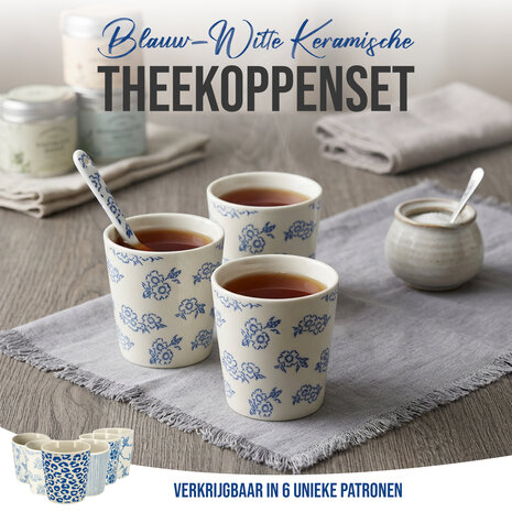 Discountershop Koffiekopjes Zonder Oor - 200 ml Keramische Bekers voor Espresso, Cappuccino, Lungo en Thee Kleine Bloemen Blauw-Wit Discountershop Koffiekopjes Zonder Oor - 200 ml Keramische Bekers voor Espresso, Cappuccino, Lungo en Thee Kleine Bloemen Blauw-Wit
